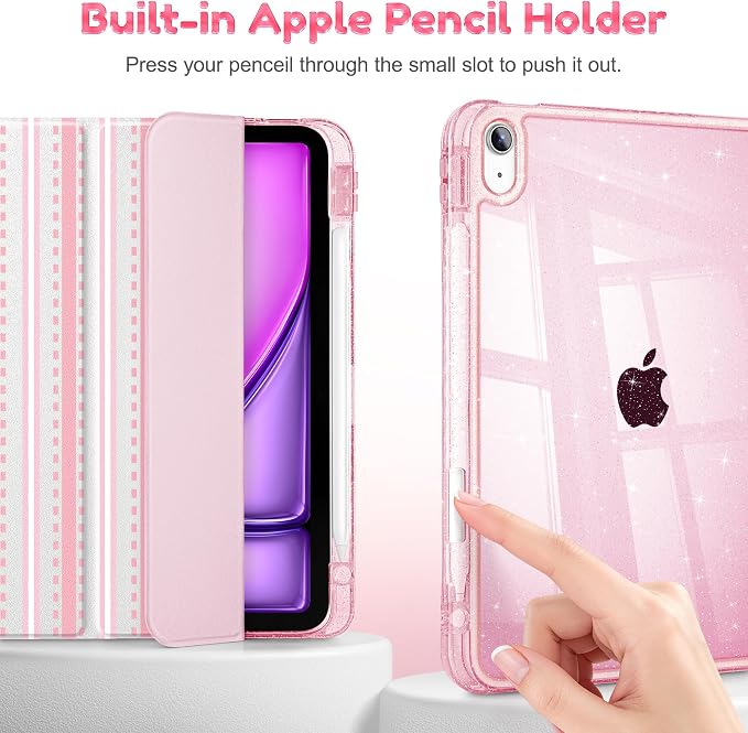 for iPad Air 11 inch M4/M3/M2 (2026/2025/2024) iPad Air 5th/4th Gen (2022/2020) 10.9 inch with Pencil Holder Glitter Clear Pretevtive Cover Auto Wake/Sleep Black Cartoon Stickers