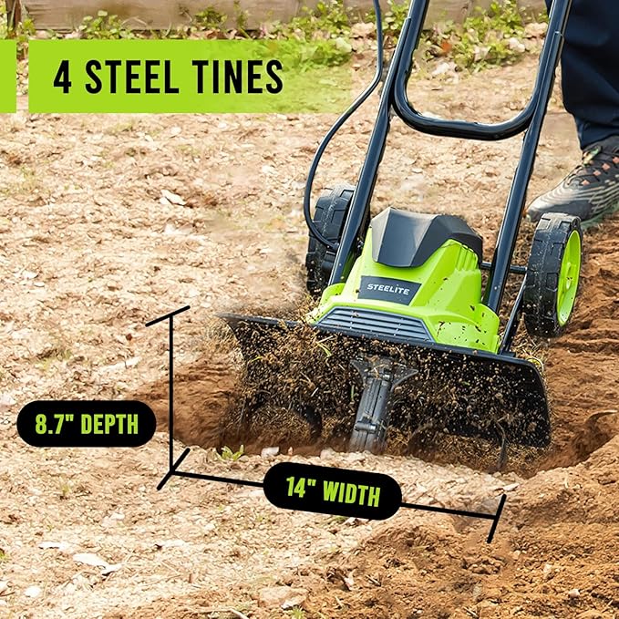 STEELITE 14-Inch Corded Electric Tiller, 10 Amp Powerful Garden Cultivator for Soil Preparation and Landscaping – Lightweight, Durable, and Easy to Use