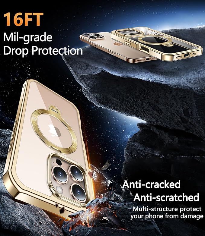 [360° Rotatable CD Stand & Built-in Privacy Screen Magnetic Case for iPhone 16 Pro [Compatible with MagSafe & Full Signal] Mil-Grade Shockproof Full Body Anti-Spy Cover for 16 Pro-Gold