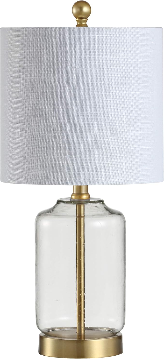 JONATHAN Y 19.5" Brass Gold and Clear Glass Table Lamp, Glam Transitional Bedside Lamp for Living Room Nightstand, White Linen Drum Shade, LED Bulb Included JYL1033A