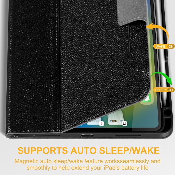 Case for iPad Air 11 M4/M3/M2 5th/4th Gen 10.9 Black | Genuine Leather Pencil Holder Magnetic Closure Smart Cover Auto Wake/Sleep Adjustable Stand
