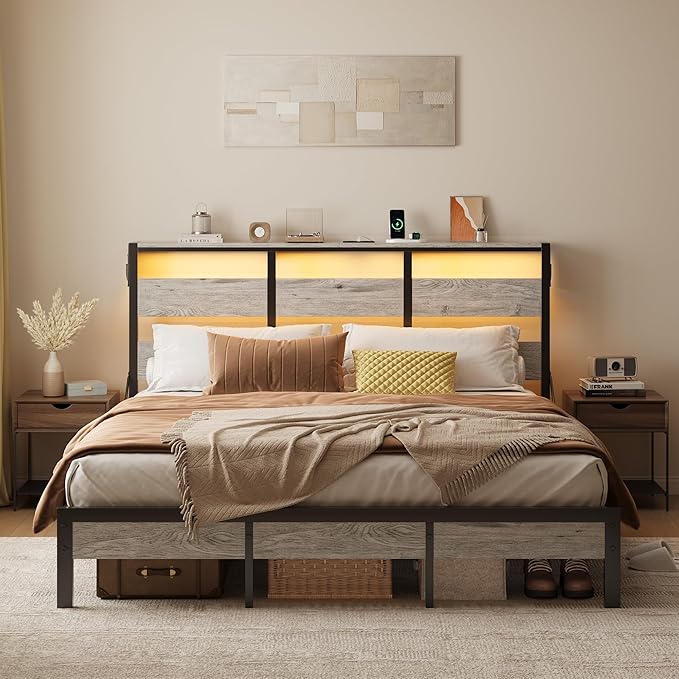 Bestier Full Bed Frame with Headboard Storage and Charging Station, Platform Bed Frame with LED Lights, Non-Slip Metal Bed Frame Full Size, Noise-Free, Easy Assembly, Grey