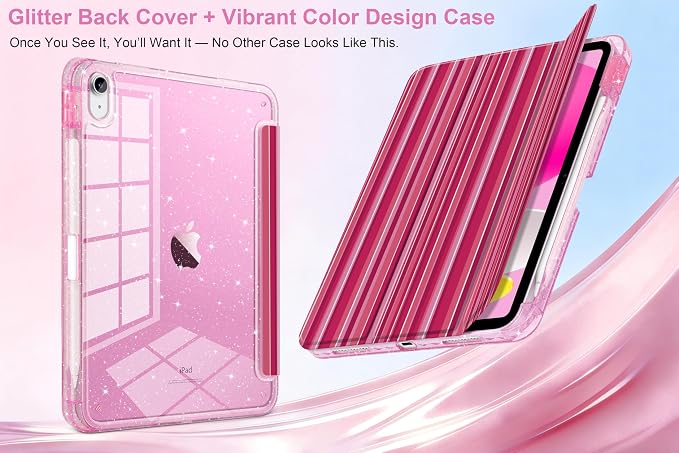 MEEgoodo Case for iPad A16 11th Generation 2025/10th Generation 2022 Glitter Tablet Cases with Transparent Acrylic Back+Trifold Stand +Pencil Holder+Auto Wake/SleepAbstract Sun &amp Palm Tree