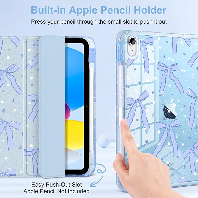 MEEgoodo Case for iPad A16 11th Generation 2025/10th Generation 2022 Glitter Tablet Cases with Transparent Acrylic Back+Trifold Stand +Pencil Holder+Auto Wake/SleepAbstract Sun &amp Palm Tree