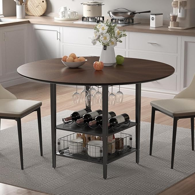 VFK 47" Round Kitchen Table Set with Storage Base & Metal Legs, 5-Piece Wooden Dining Set for 4 to 6 People, Includes 4 Upholstered Chairs for Dining Room, Living Room or Kitchen