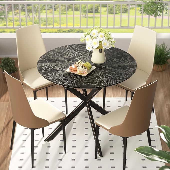 VFK 5-Pieces Dining Table Set for 4,36 inch Small Kitchen Table and Chairs Set Modern Metal Cross Base Dinner Table with 4 Cushioned Seat Round Coffee Table for Kitchen and Living Room