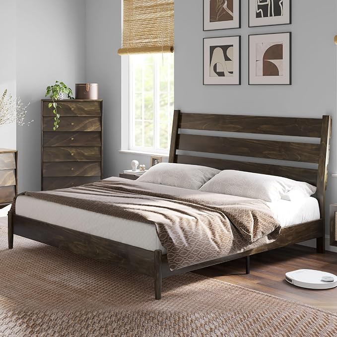 VanAcc Solid Wood King Bed Frame, Platform Bed with Reclining Slatted Headboard, Mid Century with Wood Slat Support, Dark Brown
