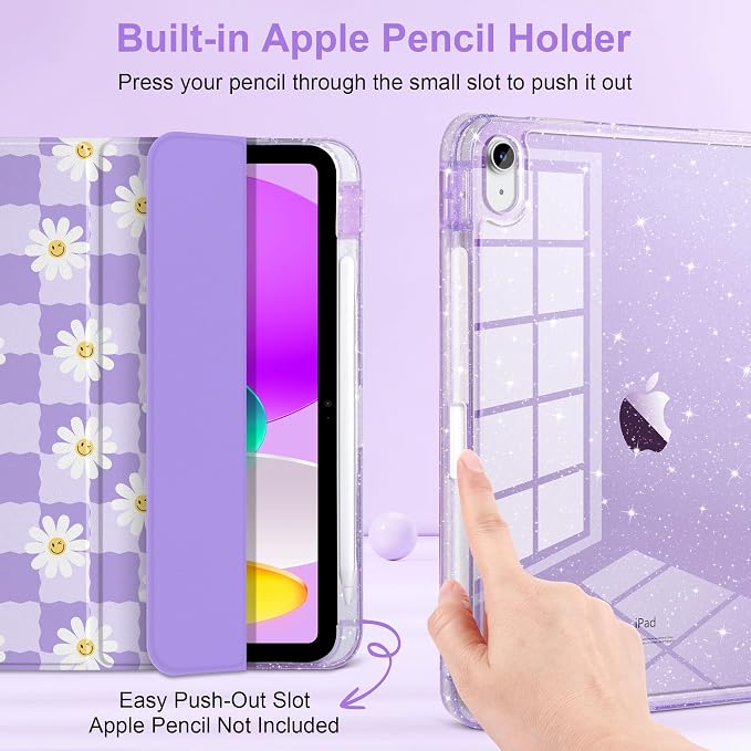 MEEgoodo Case for iPad A16 11th Generation 2025/10th Generation 2022 Glitter Tablet Cases with Transparent Acrylic Back+Trifold Stand +Pencil Holder+Auto Wake/SleepAbstract Sun &amp Palm Tree