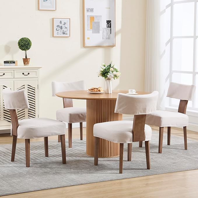 Upholstered Dining Chairs Set of 6 with Seat Covers, Modern Wooden Kitchen Chairs Fabric Side Dining Room Chair Farmhouse Dinner Chair, Beige