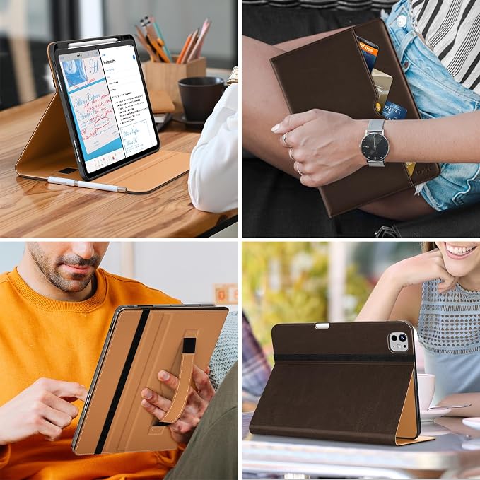 DTTO for iPad Pro 13 Inch Case (M5) 2025 / (M4) 2024 Brown | Premium Leather Business Cover with Pencil Holder Hand Strap &amp Pocket Corner Protection Auto Sleep/Wake Multiple Angles