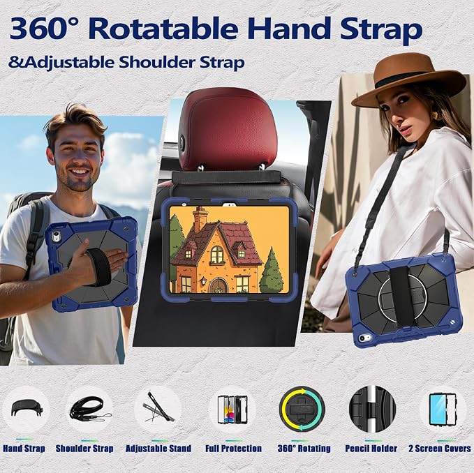 Weuiean Case for iPad A16 11th/10th Generation 11/10.9 Military-Grade Heavy-Duty Shockproof Cover with 360° Rotating Stand Built-in Pencil Holder &amp Adjustable Hand/Shoulder Strap - Black