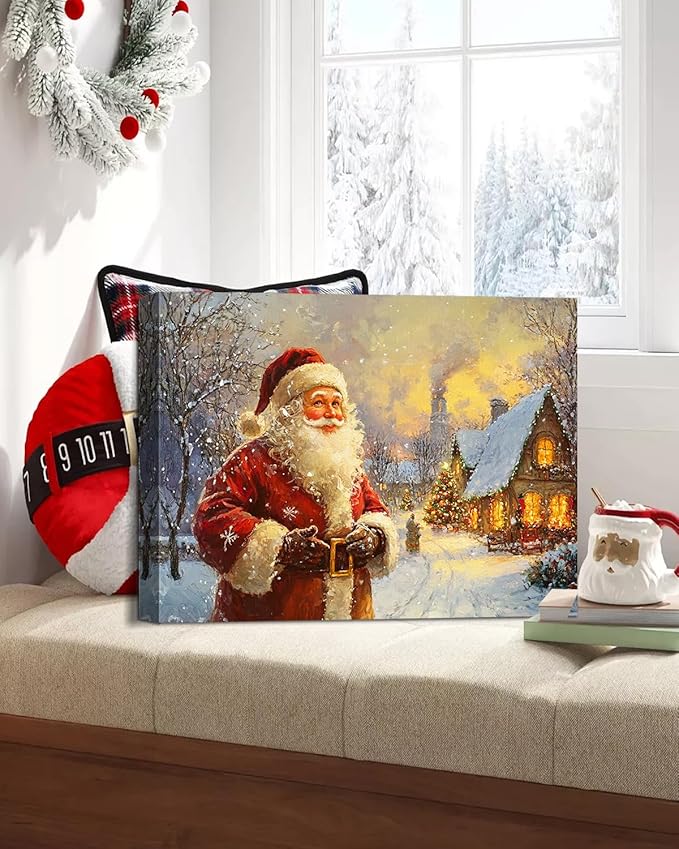 Vintage Santa Claus Christmas Canvas Wall Art - Festive Holiday Painting for Living Room,Bedroom & Bathroom, Cozy Winter Decor Framed Print, Perfect Christmas Gifts & Home Decoration