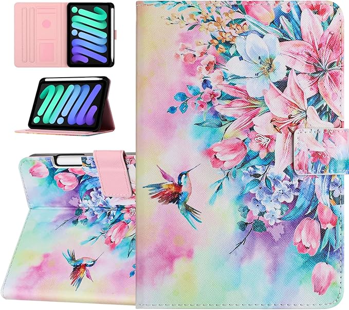 Case for iPad mini 7 A17 Pro &amp iPad mini 6 (2024/2021) Built-in Pencil Holder Premium PU Leather Folio Stand Smart Protective Cover Multi-Viewing Angles and Auto Wake/Sleep - Beach