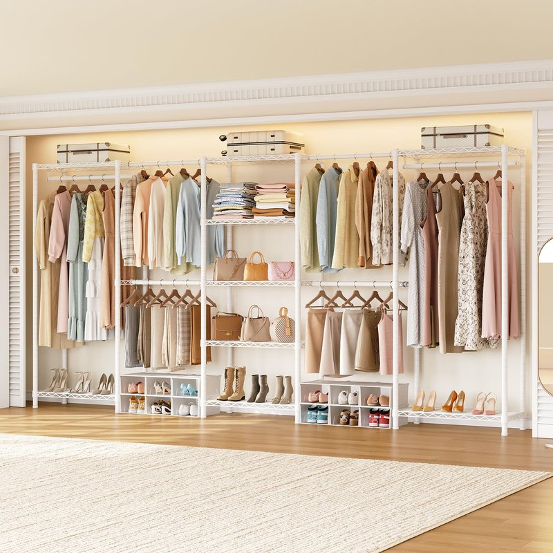 ONBRILL E5 Expandable Heavy Duty Garment Rack, Freestanding Closet Organizer System with 9 Wire Shelves & 6 Hanging Rods, Modular Metal Pipe Clothing Rack, Max Load 1350LBS, Portable Closet, White