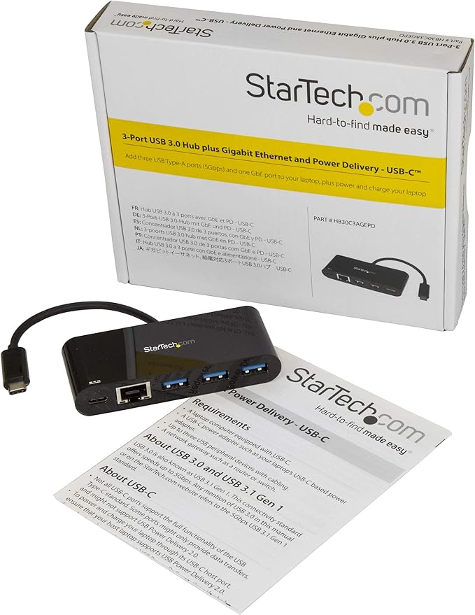 StarTech.com 3 Port USB-C Hub with Gigabit Ethernet & 60W Power Delivery Passthrough Laptop Charging - USB-C to 3x USB-A (USB 3.0 SuperSpeed 5Gbps) - USB 3.1/3.2 Gen 1 Type-C Adapter Hub (HB30C3AGEPD)