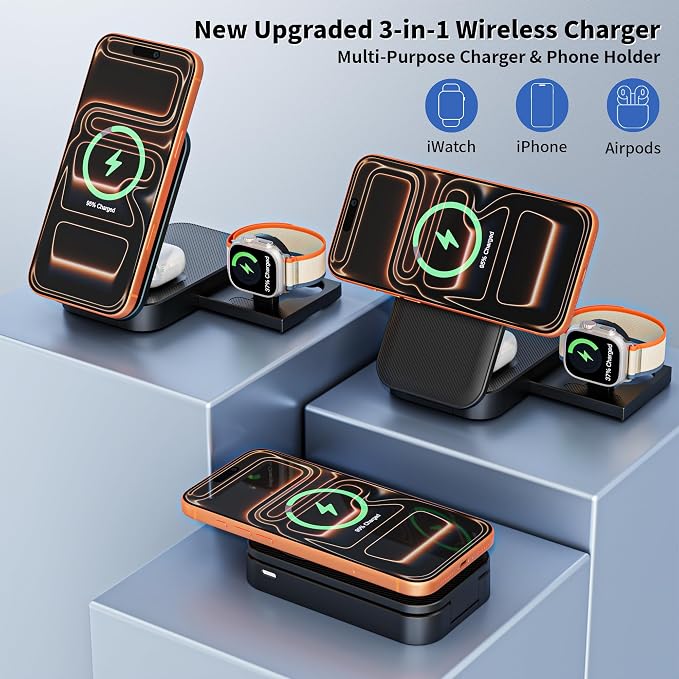 3 in 1 Wireless Charger Stand 25W Foldable Wireless Charging Station for Apple Multiple Devices Fast Magnetic Charger with 6FT USB C Cable for iPhone 17 16 15 14 13 12 Series/Apple Watch/AirPods Pro