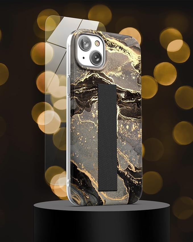 ENCASED Finger Loop Case Designed for iPhone 14 Plus Case with Hand Strap Phone Holder and Screen Protector (Black/Gold Marble)