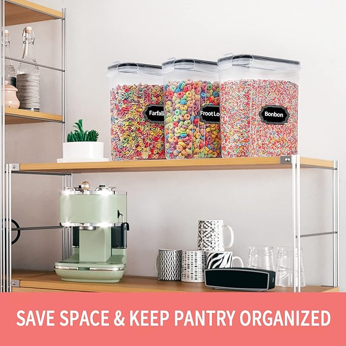 PRAKI Large Dry Food Storage Containers with Lids, 6PCS Airtight Cereal Containers Storage Set, Leak-proof Canister Set for Kitchen Pantry Organization with 20 Labels & Marker (4L Black)