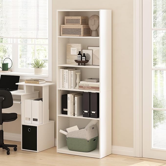 Furinno GEHRY Book Shelf, 5-Tier Bookshelf, Bookcase with Adjustable Shelves, 11.6 x 24.8 x 71.4, for Living Room, Bedroom, Home Office, White