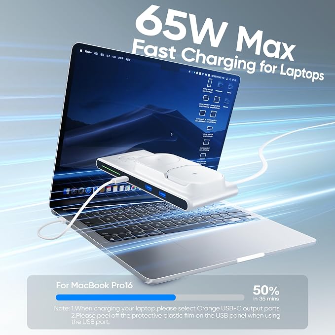 7-in-1 Wireless Charging Station for Apple Devices ACOZVIN Magnetic Wireless Charger &amp4 USB Ports(PD65W USB-C) 5FT Cord Flat Plug Foldable Charger Stand for MacBookiPhone 16/15/14 iWatch &amp
