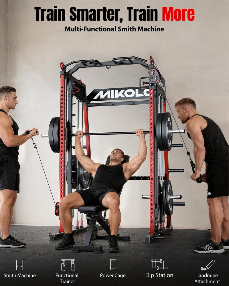 Mikolo M4 2.0 Ultra Smith Machine, Multi-Function Squat Rack with LAT-Pull Down System & Cable Crossover Machine, Training Equipment with Leg Hold-Down Attachment, Red