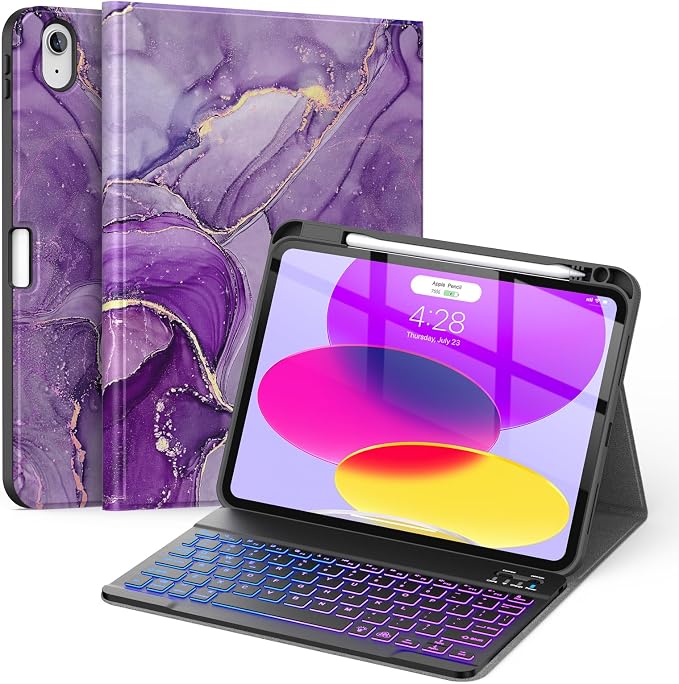 Soke for iPad (A16) 11th/10th Gen Case with Keyboard Black Marble | For iPad 11/10.9 inch(2025/2022) 7 Color Backlight Magnetic wireless Detachable Keyboard Case Built-in Pencil Holder