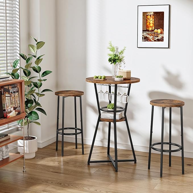 HOOBRO Round Bar Table, 2-Tier Counter Height Pub Table with Wine Glass Holder, Industrial Cocktail Table, for Small Space, Tavern, Living Room, Dining Room, Patio, Rustic Brown and Black BF62BT01G1
