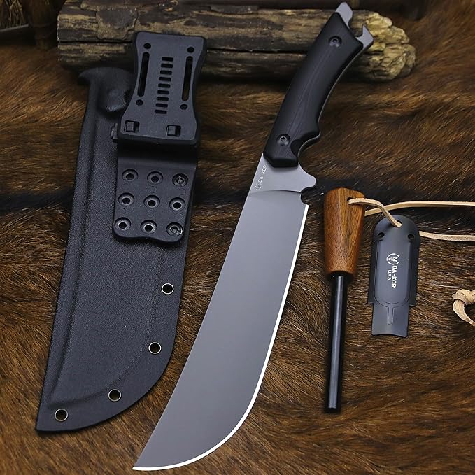 BA-KOR 14.1-inch full tang (9CR18MOV) Survival Machete + K-type sheath and 5.9-inch cerium-powered igniter. Suitable for outdoor hunting, camping, obstacle clearance, barbecuing, fishing, kitchen cutting for daily carry (EDC), and as a gift.