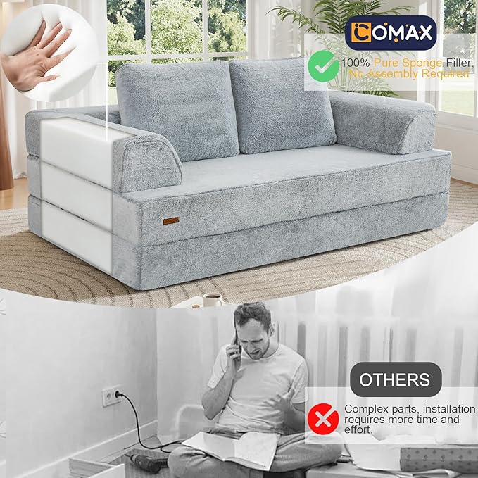 COMAX Convertible Sofa Bed, Folding Floor Couch Fold Out Couch Bed Futon Sleeper Mattress with Pillows, Boneless Sofa Comfy Lounge Loveseat for Living Room Bedroom, Snow Light Grey