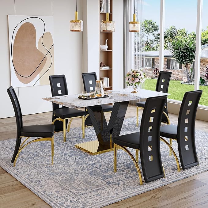 71'' Dining Table Set for 6,Modern Dining Room Table Set for 6,Marble Dining Table with 6 PU Leather Dining Chairs,Gold Dining Room Table with Glossy V-Shaped Base Ideal for Kitchen