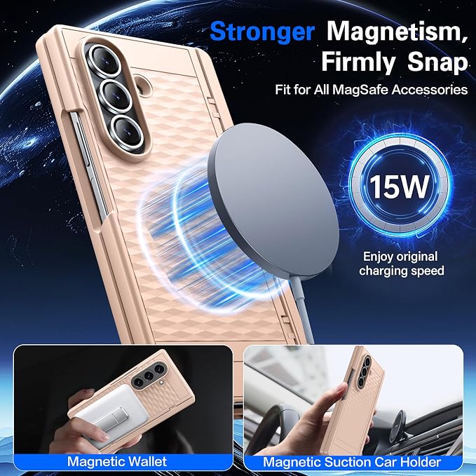 Magnetic for Samsung Galaxy Z Fold 7 Case+Screen Protector | [Hinge Protection] [Kickstand][Compatible with MagSafe] Full Body Protective Phone Case for Galaxy Z Fold 7 Gold