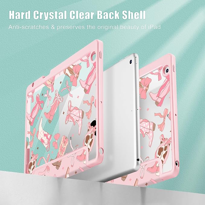 Case for iPad 9th/8th/7th Generation 10.2-Inch (2021/2020/2019 Release) with [Built-in Pencil Holder] Shockproof Cover with Clear Transparent Back Shell &amp Auto Wake/Sleep - Blue Bows