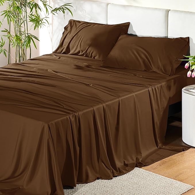Bedsure Queen Sheet Set, Rayon Derived from Bamboo, Cooling Sheets, Breathable & Soft, Deep Pocket Up to 16 Inches, Hotel Luxury Silky Bedding for Hot Sleepers, Brown
