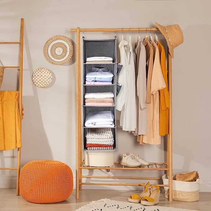BOOMIBOO Hanging Closet Organize and Shelves，5-Hanging Shelf with 2 Side Pockets，Storage Foldable （Pink）