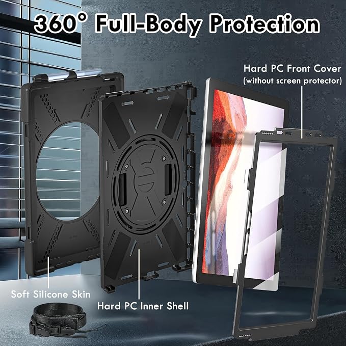 Case for Samsung Galaxy Tab S10 Lite/S10 FE/S9 FE/Tab S9/S8/S7 5G 10.9/11 Inch Heavy Duty Full-Body Shockproof Drop Protective Cover with 360° Rotating Handle Stand Hand/Shoulder Strap Black