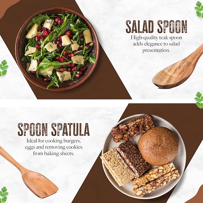 INTAJ Wooden Spoon Set for Cooking, 6-Piece Handmade Teak Kitchen Utensils