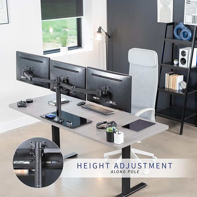VIVO Black Triple Monitor Mount Freestanding Desk Stand with Glass Base, Heavy Duty Fully Adjustable Stand for 3 Screens up to 24 inches STAND-V003FG