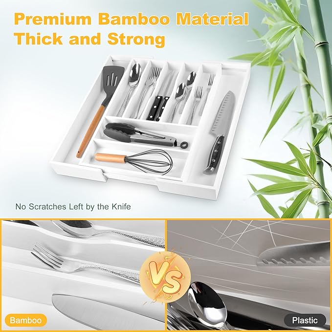 Large Premium Bamboo Silverware Organizer - Expandable Drawer Organizer & Utensil Organizer - 17"x19.7" Cutlery Tray with Dividers for Kitchen Utensils and Flatware (7-9 Slots) (White)