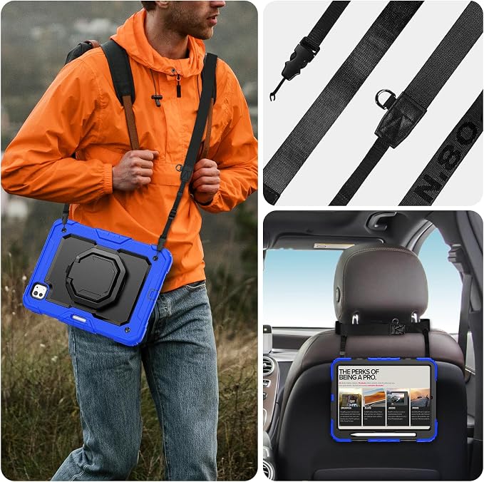 for iPad Pro 11 inch Protective Case M5 2025/M4 2024: Heavy Duty Shockproof Case with Pencil Holder - 360°Rotating Handle/Stand - Screen Protector - Shoulder Strap Black/Sky Blue