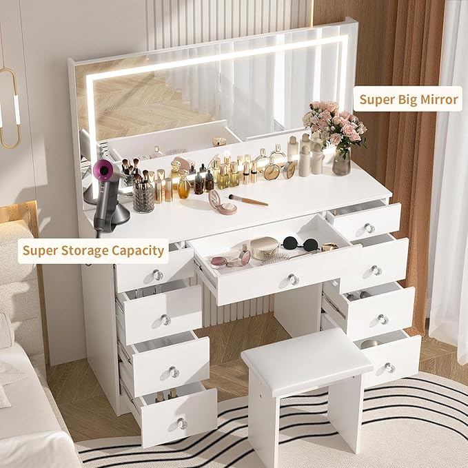 VOWNER Vanity with Lighted Mirror - 47" Makeup Vanity Desk with 9 Drawers and Power Outlet, 3 Color Lighting Modes Adjustable Brightness, Makeup Desk with Soft Cushioned Stool for Bedroom, White