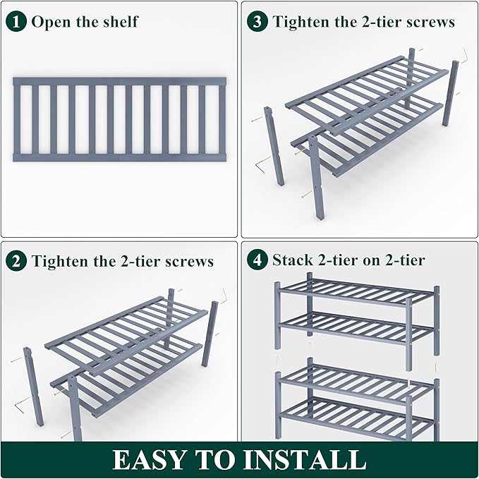 Smiry Shoe Rack, 4 Tier Thick Bamboo Shoe Organizer, Stackable Free Standing Wooden Shoe Storage Shelf for Closet, Entryway, Front Door Entrance, Grey