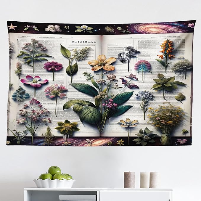 Ambesonne Botanic Tapestry, Wildflowers on an Open Vintage Book with Galactic Milky Way Swirls, Fabric Wall Hanging Decor for Bedroom Living Room Dorm, 45" X 30", Forest Green and Multicolor