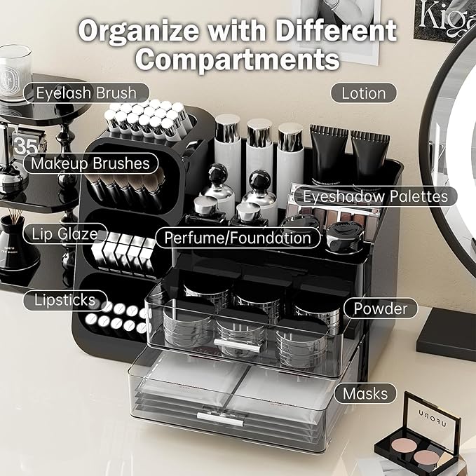 Makeup Organizer for Vanity with Brush Holder, Countertop Organizer with 2 Drawers, Spacious Cosmetic Display Case for Beauty Essential, Skincare, Lipstick