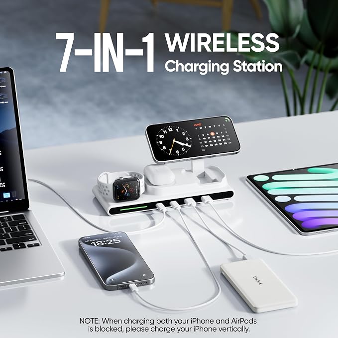 7-in-1 Wireless Charging Station for Apple Devices ACOZVIN Magnetic Wireless Charger &amp4 USB Ports(PD65W USB-C) 5FT Cord Flat Plug Foldable Charger Stand for MacBookiPhone 16/15/14 iWatch &amp