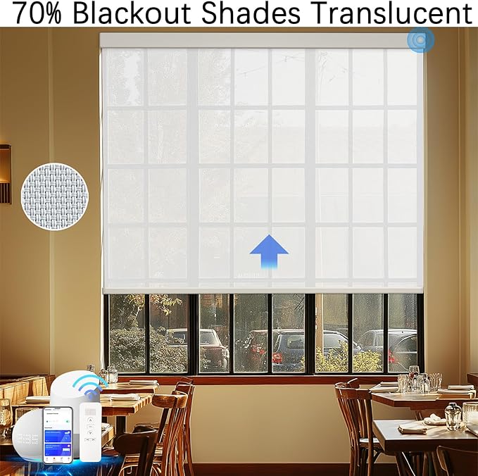 COOLWINDS Motorized Blinds with Remote Cordless Automatic Motorized Shades Custom Blinds for Windows Smart Curtains Compatible with Alexa Google Home(Solar White,W39 x H72in)