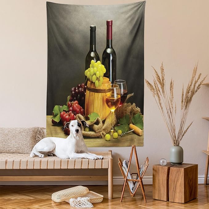Ambesonne Winery Tapestry, Cask Bottles and Glasses of Wine and Ripe Grapes on Wooden Table Picture Print, Fabric Wall Hanging Decor for Bedroom Living Room Dorm, 30" X 45", Grey Taupe