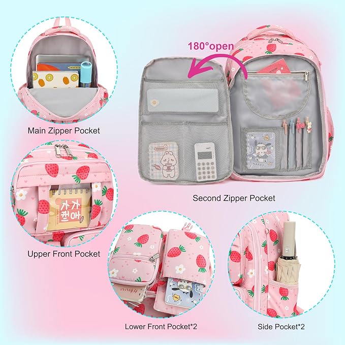 School Backpack for Girls 3Pcs Set Elementary Middle School Book Bags with Lunch Box Pencil Case