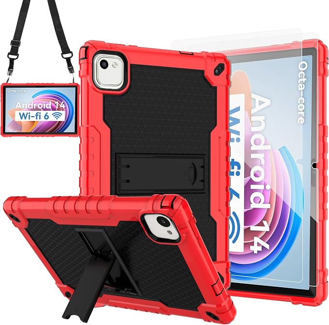 for HNVHNV/Aiprotablet/kelankeke K10 Tablet 10 inch Android Tablets Case Built in Kickstand Heavy Duty Hybrid Protective Case Hard Back Shell Case with Shoulder Strap (Black)