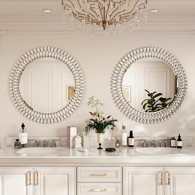 Kelly Miller Round Jeweled Mirror for Wall Decor, 32 in Modern Decorative Wall Mirror with Luxury Diamonds Beveled Vanity Mirror for Bedroom, Living Room, Bathroom, Hallway, Entryway, Fireplace