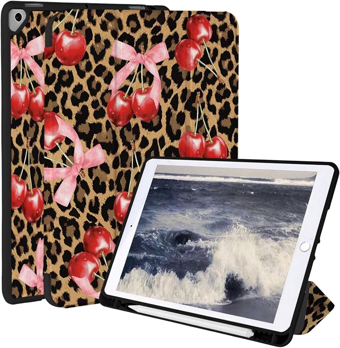 Case for iPad 9th/ 8th/ 7th Generation Case 10.2&amp10.5 Inch (2021/2020/2019 Release) Slim Lightweight Soft Trifold Back Cover with Pencil Holder &amp Auto Sleep/Wake Cover Cherries Cheetah Bows